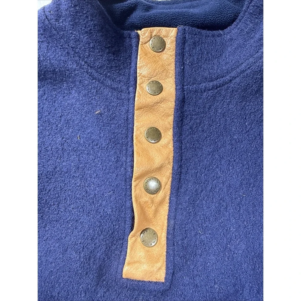 Orvis Vintage 100% Wool T Snap Sweater L‎ Leather Elbow Patch Pullover Blue